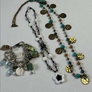 Jewelry set, Beaded Gold Coin & flower bead necklaces and silver tone bracelet